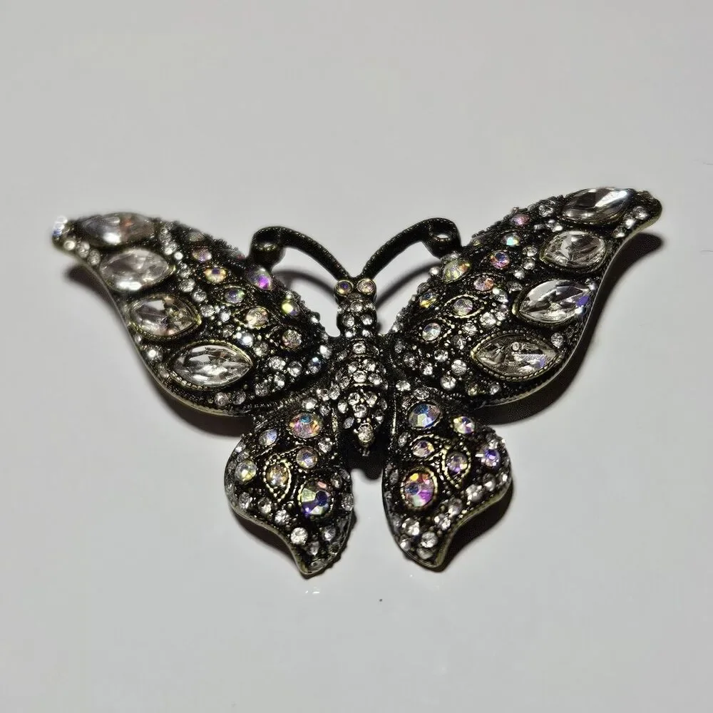 Vintage Gold Tone Aurora Borealis Clear Rhinestone Butterfly Sparkly Brooch